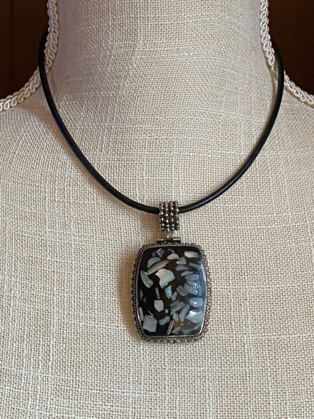 Black and Silver Statement Pendant Necklace on Black Cord